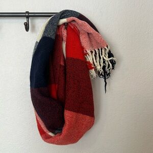 Red, cream, and navy blue warm shawl or scarf